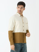 Men's Full Sleeve Cut & Sew Shacket in White & Beige