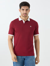 Men's Half Sleeve Polo with Contrast Collar in Wine Maroon