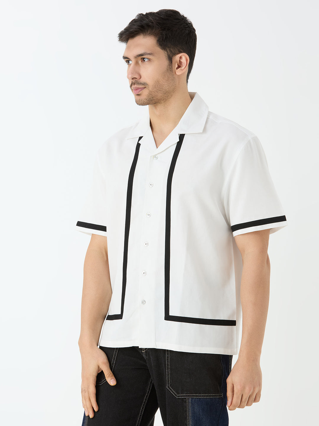 Men's Half Sleeve Cut & Sew Cuban Collar Shirt in White with Black Piping Detail