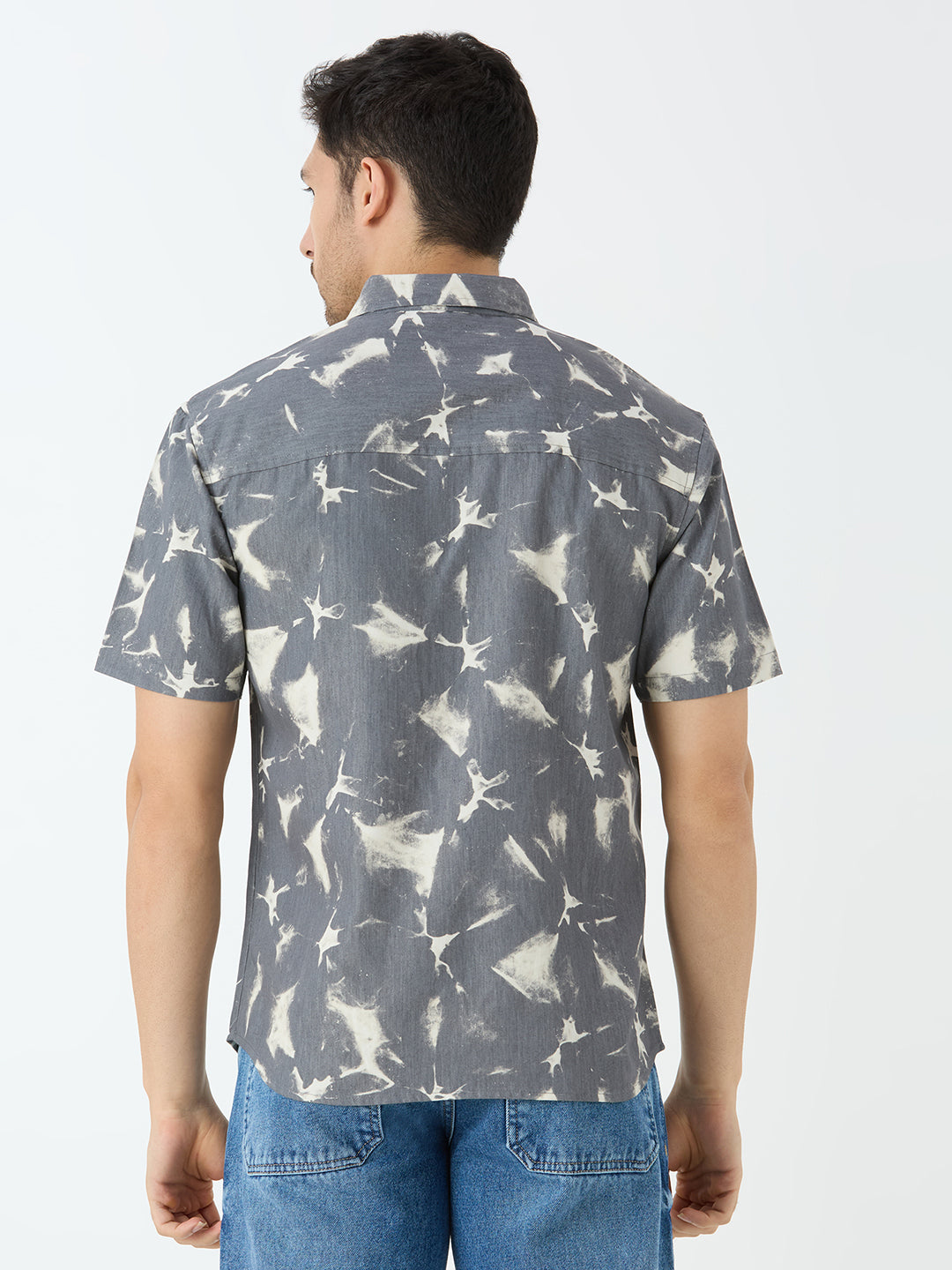 Men's Half Sleeve Tie Dye Denim Shirt in Grey & White