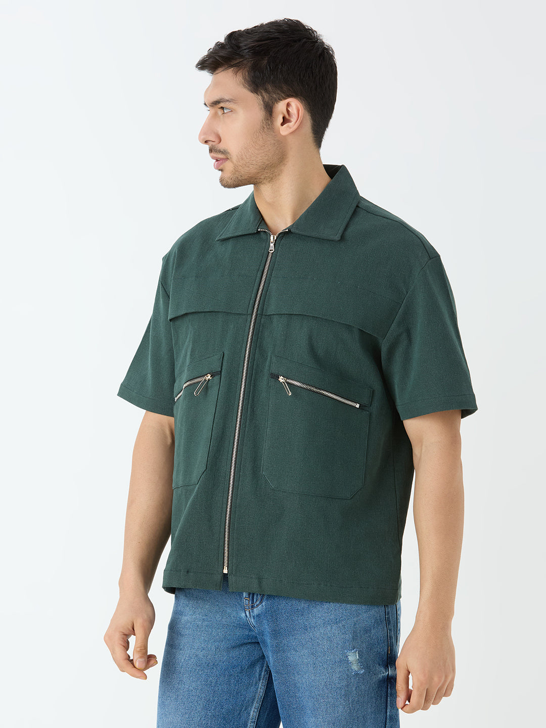 Men's Half Sleeve Shacket in Pine Green