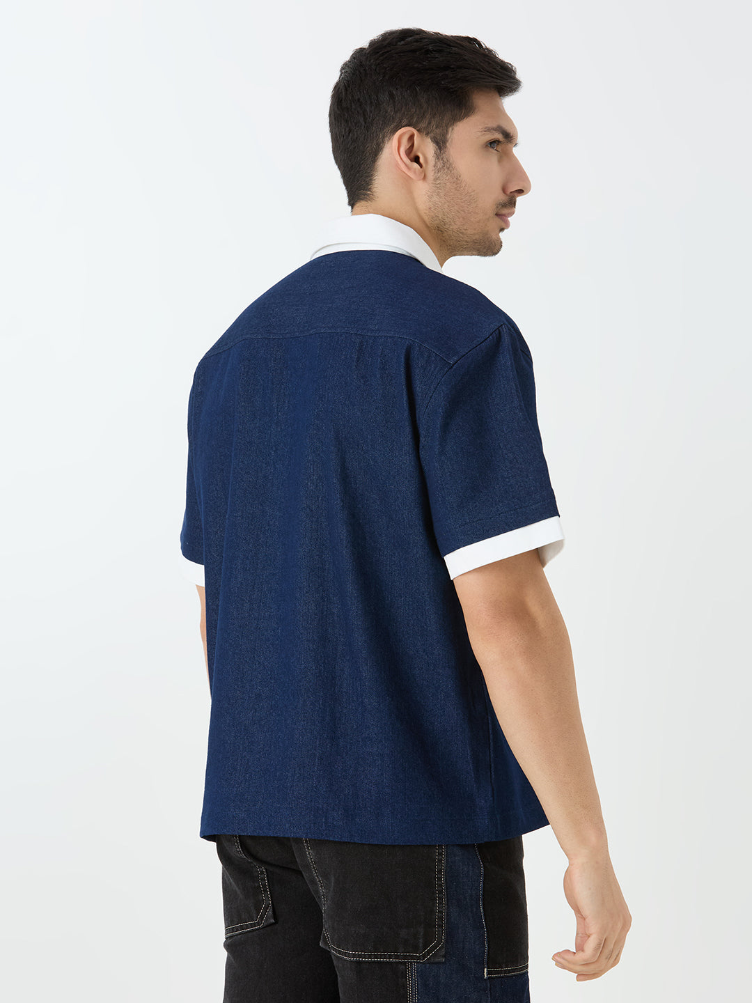 Men's Half Sleeve Denim Shacket with Contrast Collar in Dark Blue