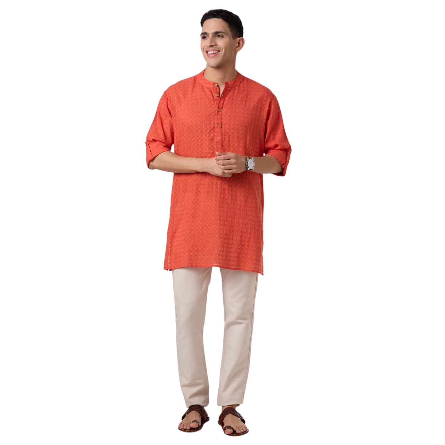 Cotton Jacquard Short Kurta for Men in Rust orange