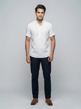 White Mandarin Collar Linen Shirt
