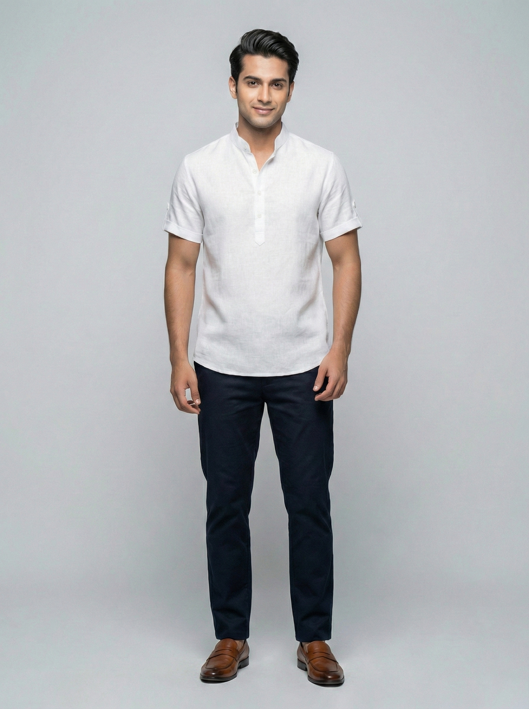 White Mandarin Collar Linen Shirt