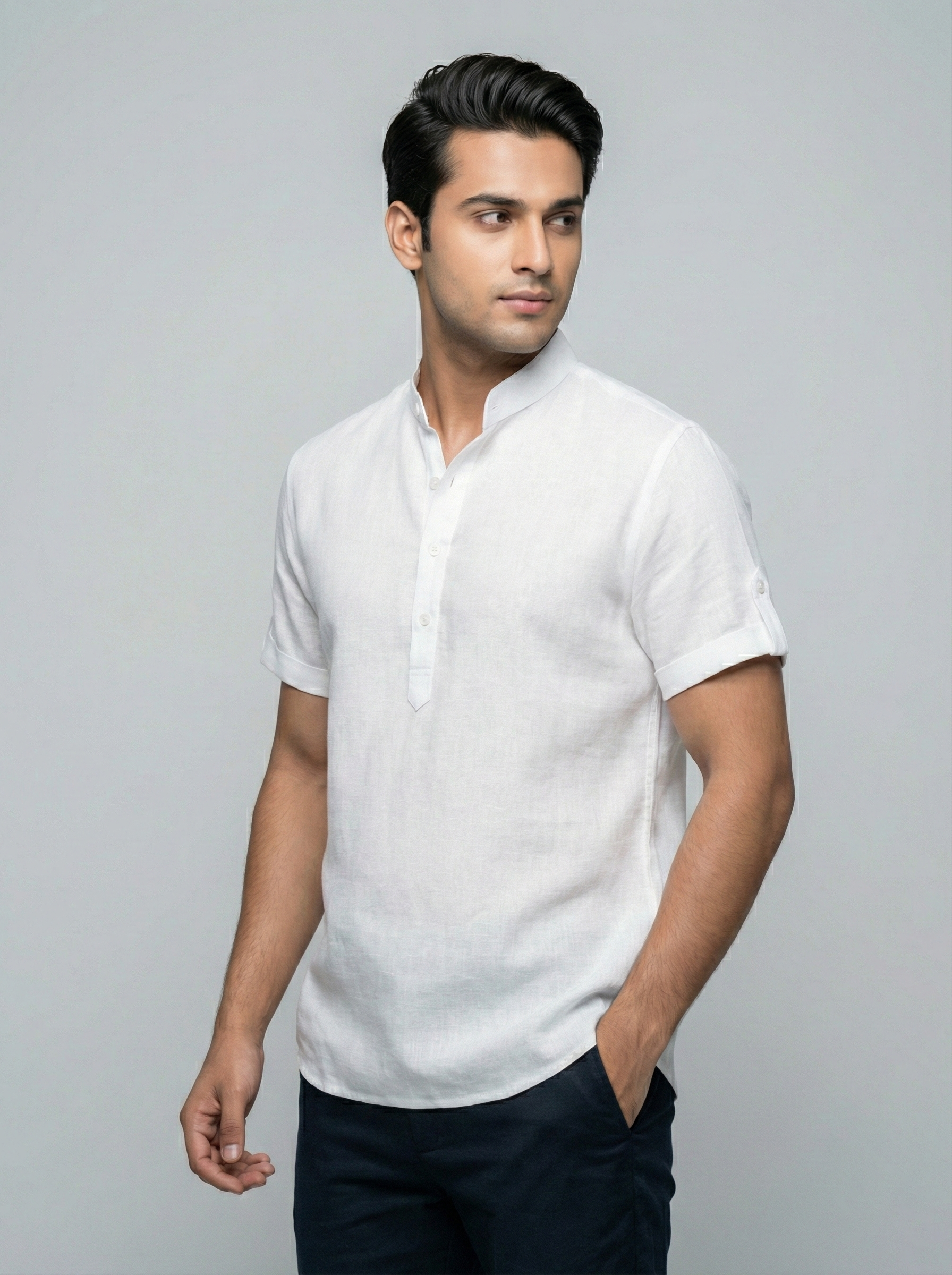 White Mandarin Collar Linen Shirt