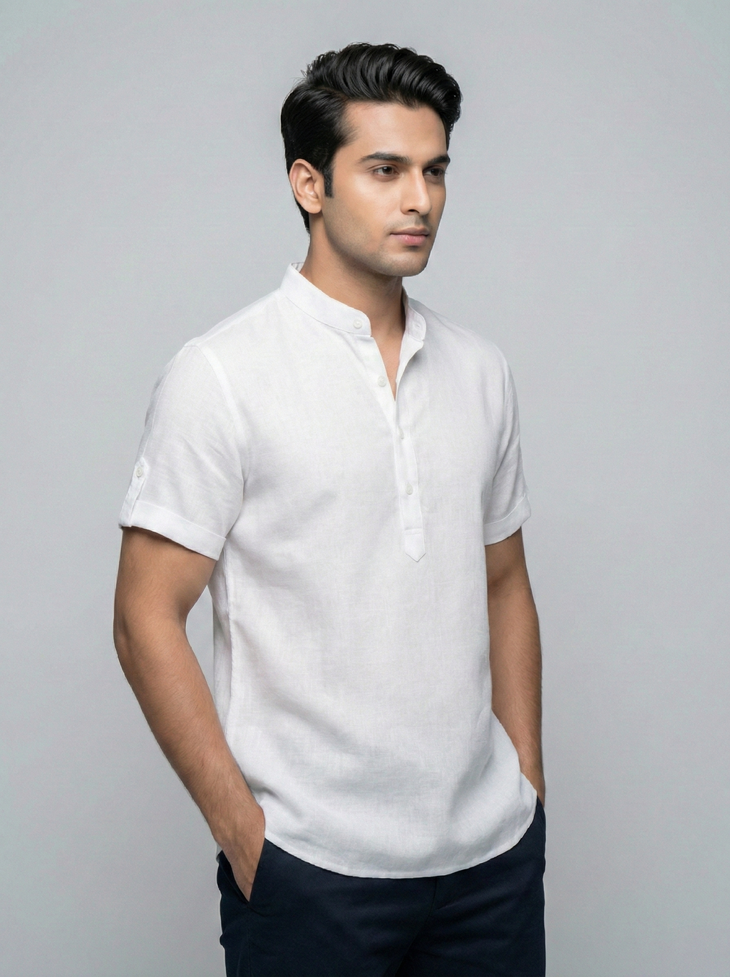 White Mandarin Collar Linen Shirt
