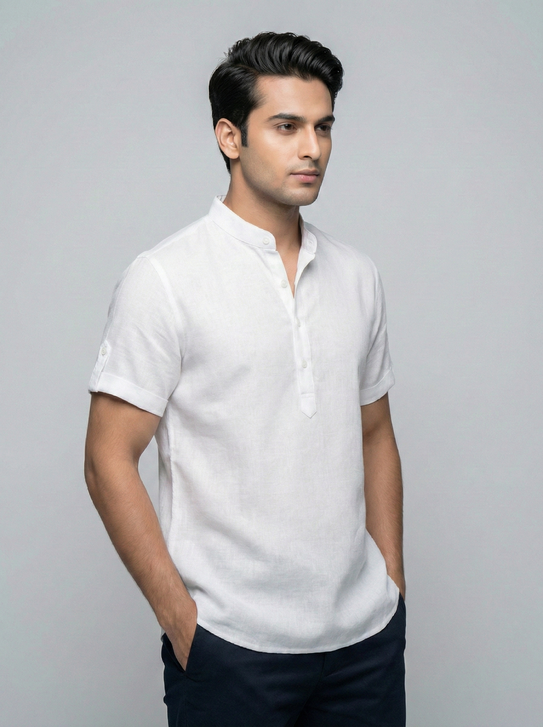 White Mandarin Collar Linen Shirt
