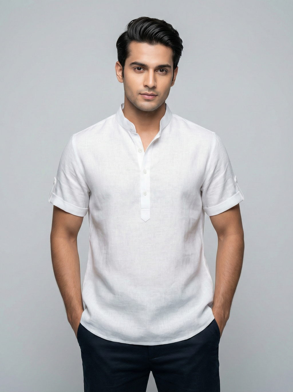 White Mandarin Collar Linen Shirt