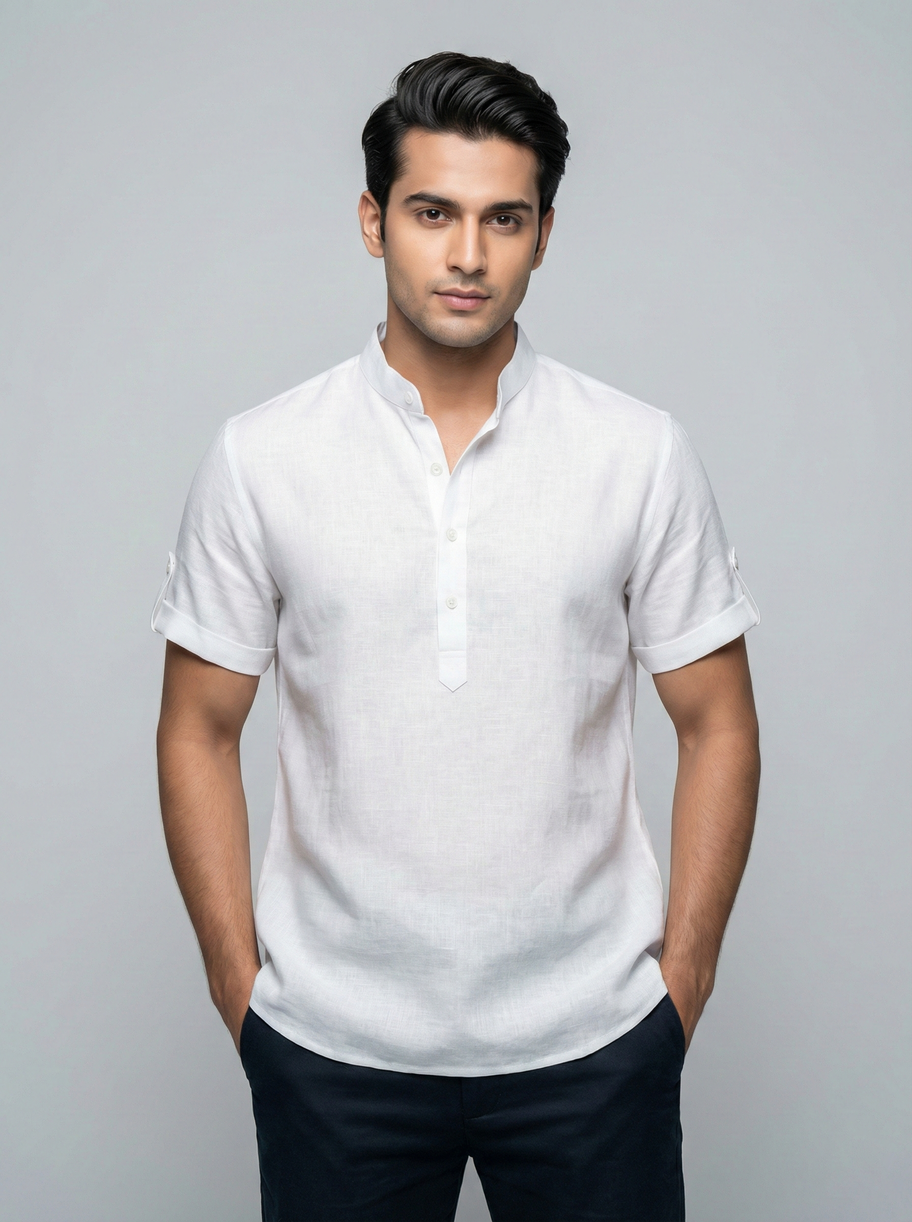 White Mandarin Collar Linen Shirt
