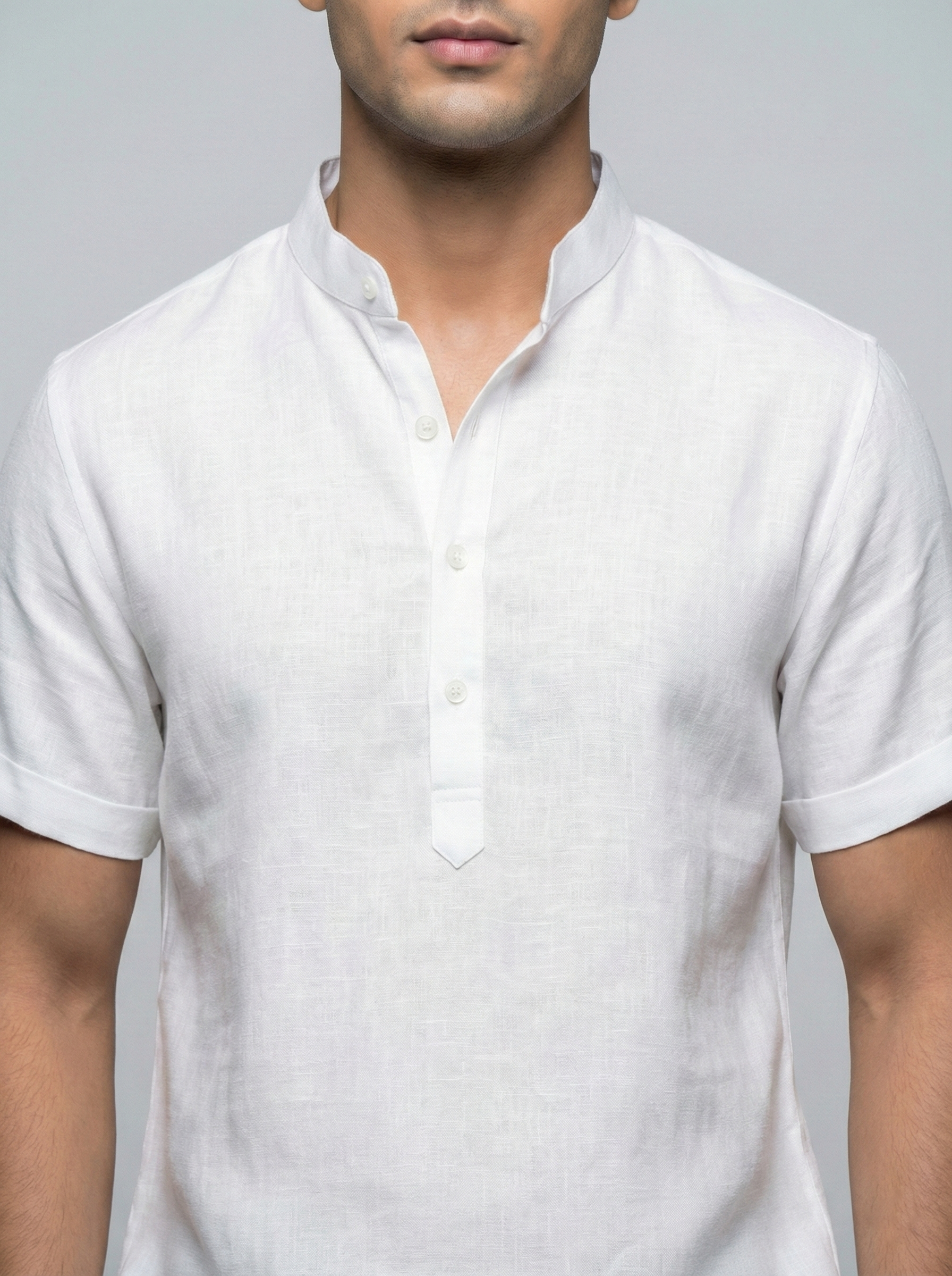 White Mandarin Collar Linen Shirt
