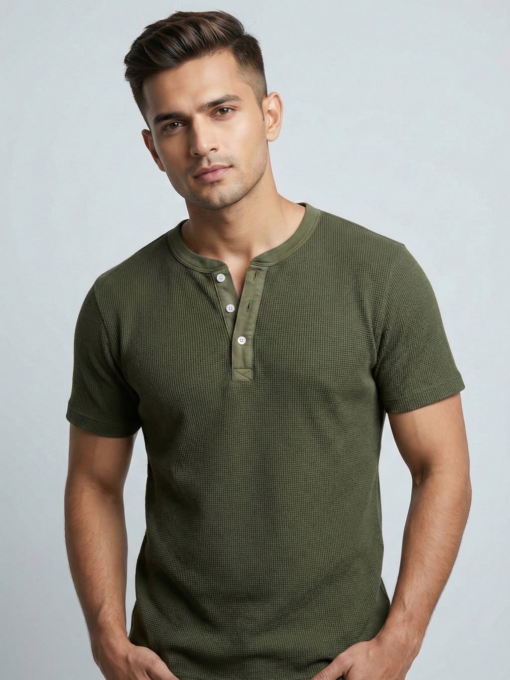 Olive Waffle Henley Tee