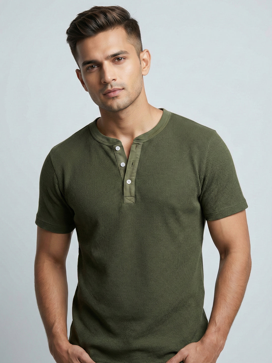 Olive Waffle Henley Tee