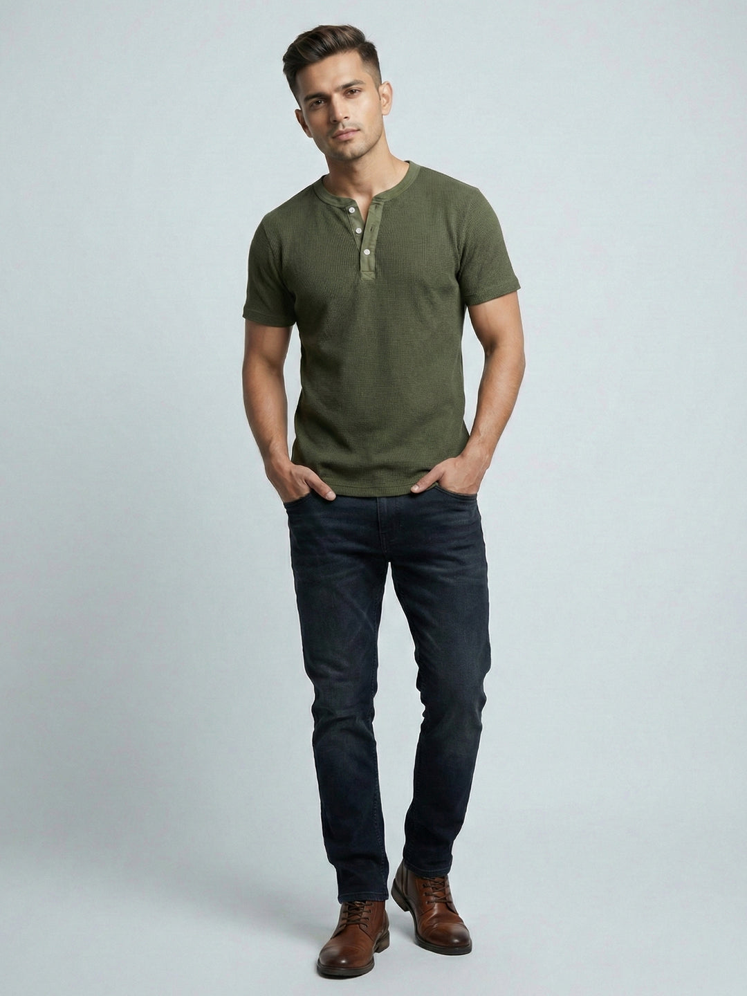 Olive Waffle Henley Tee