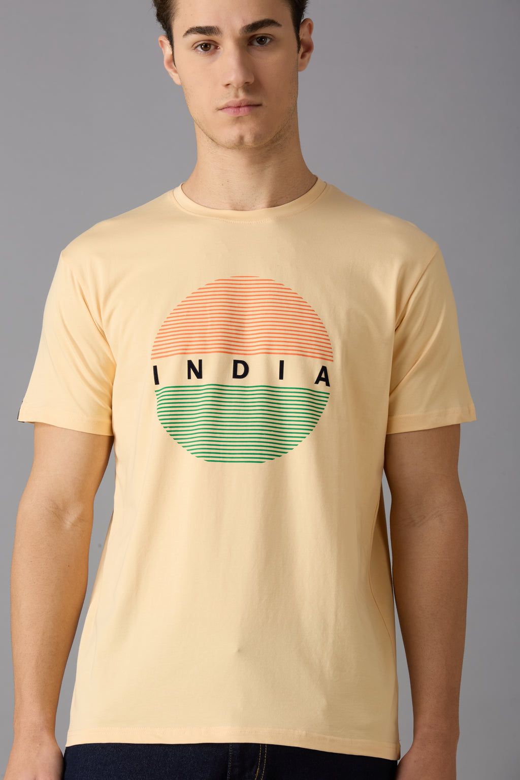 Round neck t-shirt with India flag printing on front