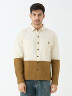 Men's Full Sleeve Cut & Sew Shacket in White & Beige