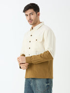 Men's Full Sleeve Cut & Sew Shacket in White & Beige
