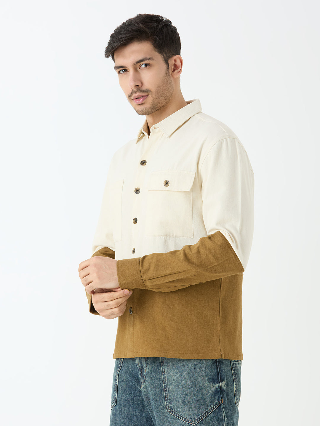 Men's Full Sleeve Cut & Sew Shacket in White & Beige