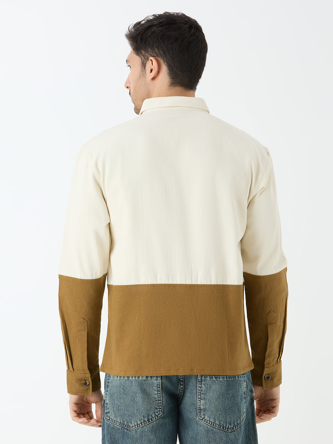 Men's Full Sleeve Cut & Sew Shacket in White & Beige