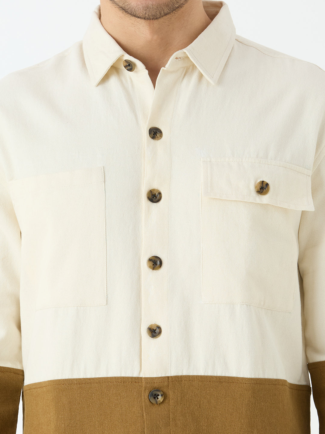 Men's Full Sleeve Cut & Sew Shacket in White & Beige