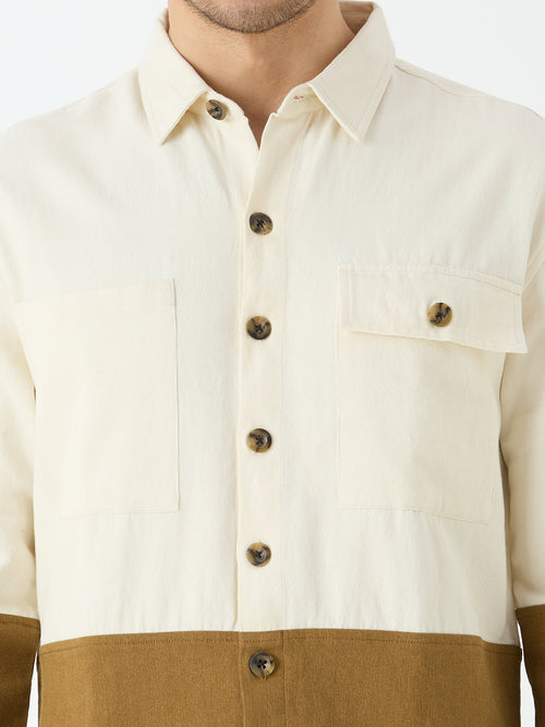 Men's Full Sleeve Cut & Sew Shacket in White & Beige