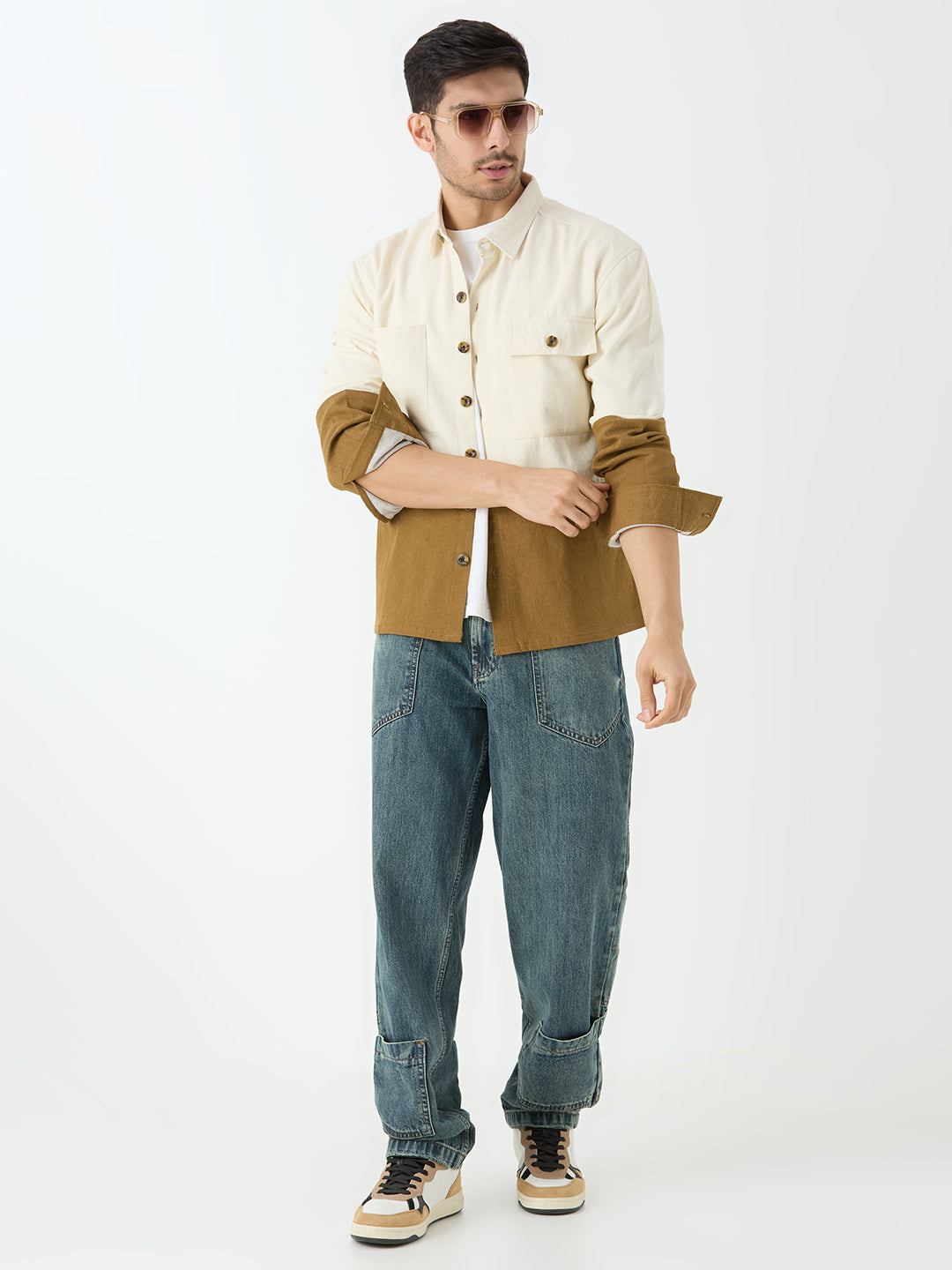 Men's Full Sleeve Cut & Sew Shacket in White & Beige