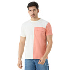 Men's Half Sleeve Cut & Sew Round Neck in White & Peach