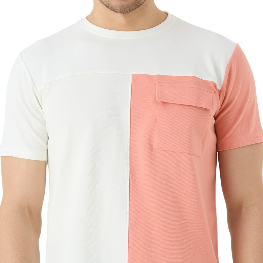 Men's Half Sleeve Cut & Sew Round Neck in White & Peach