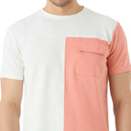 Men's Half Sleeve Cut & Sew Round Neck in White & Peach