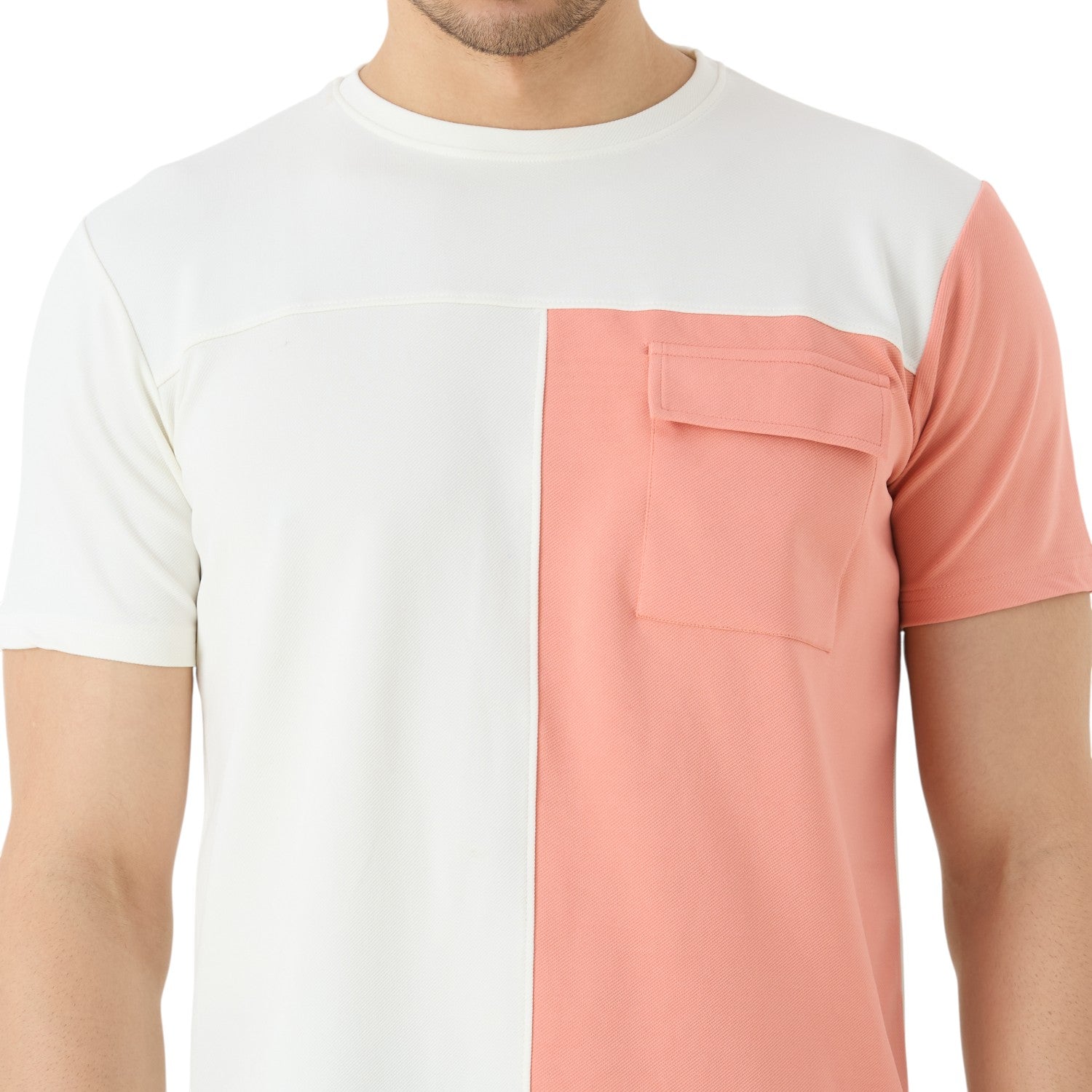 Men's Half Sleeve Cut & Sew Round Neck in White & Peach