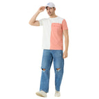 Men's Half Sleeve Cut & Sew Round Neck in White & Peach