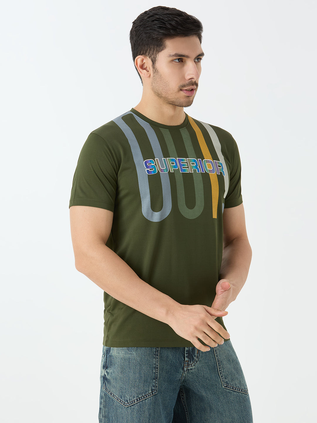 Superior cotton round neck in olive green.