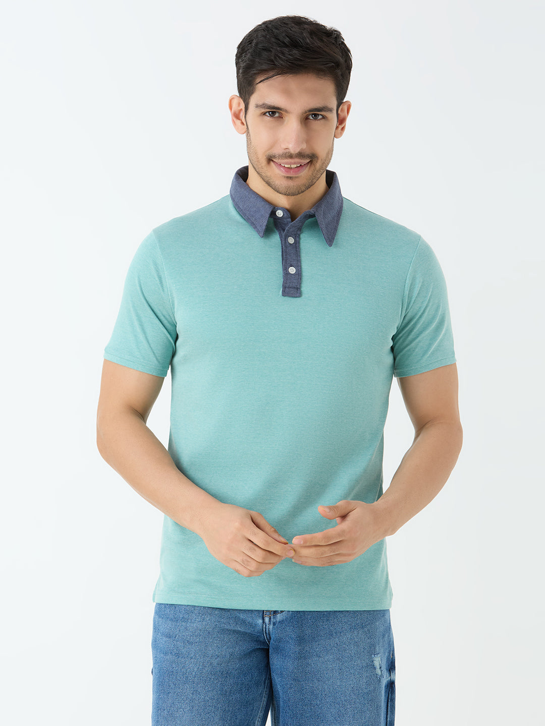 Men's Half Sleeve Polo with Contrast Collar in Teal Blue