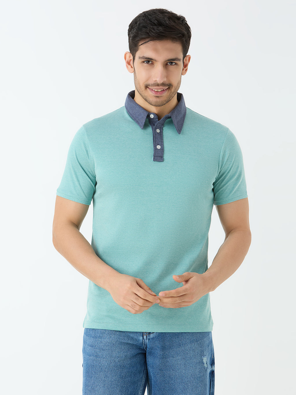 Men's Half Sleeve Polo with Contrast Collar in Teal Blue