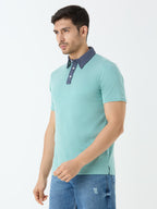 Men's Half Sleeve Polo with Contrast Collar in Teal Blue