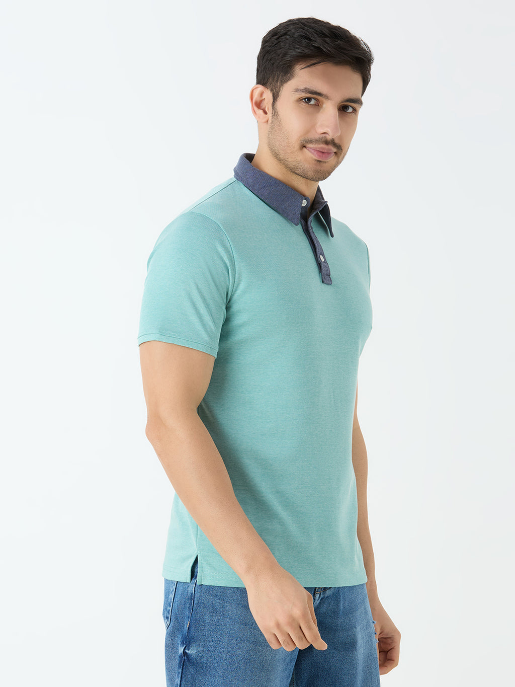 Men's Half Sleeve Polo with Contrast Collar in Teal Blue
