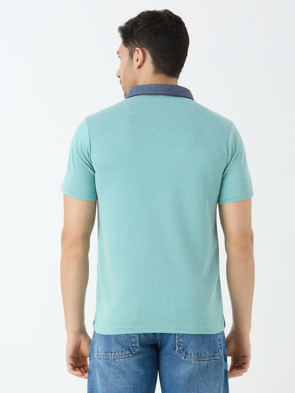 Men's Half Sleeve Polo with Contrast Collar in Teal Blue