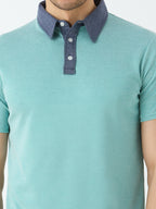 Men's Half Sleeve Polo with Contrast Collar in Teal Blue