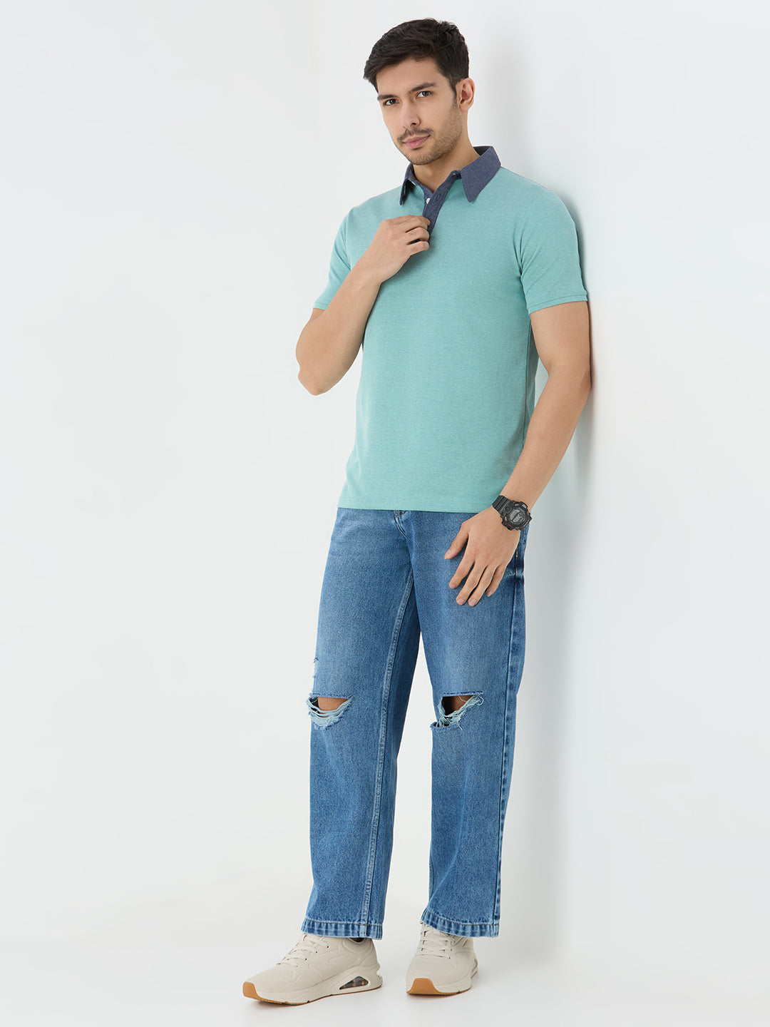 Men's Half Sleeve Polo with Contrast Collar in Teal Blue