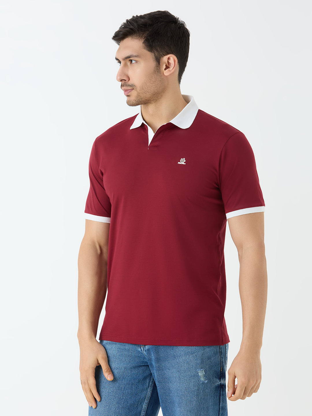 Men's Half Sleeve Polo with Contrast Collar in Wine Maroon