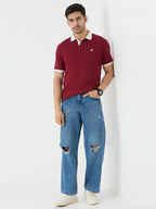 Men's Half Sleeve Polo with Contrast Collar in Wine Maroon