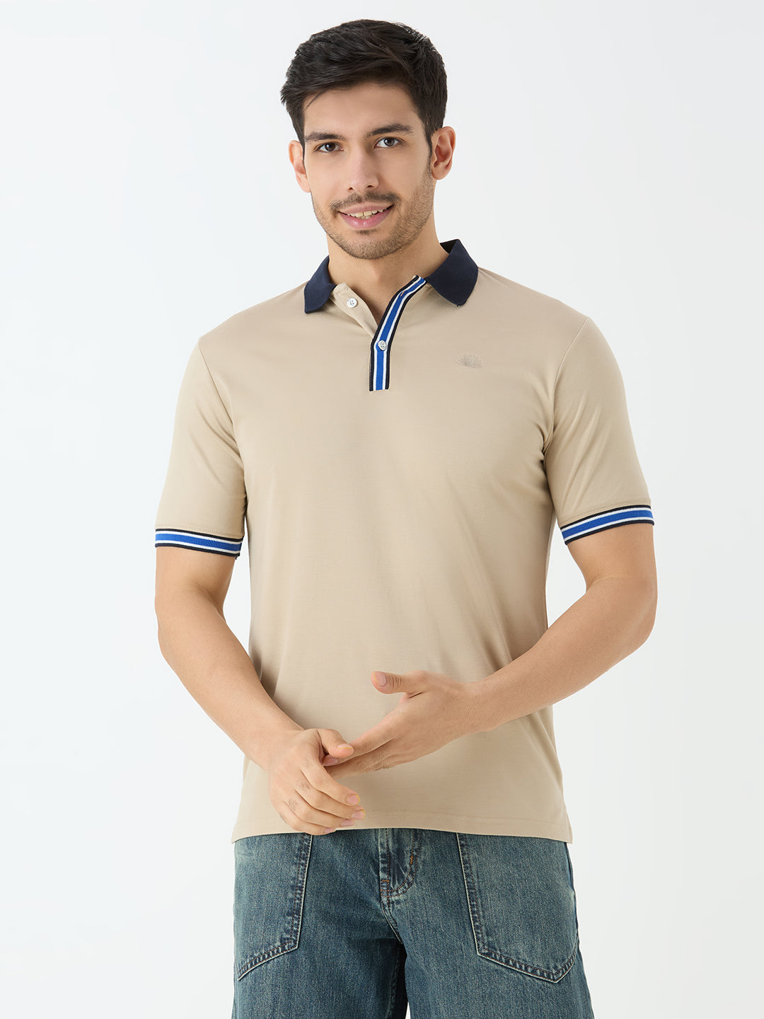 Men's Half Sleeve Polo with Contrast Collar in Beige