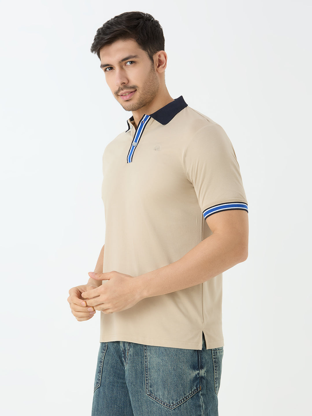 Men's Half Sleeve Polo with Contrast Collar in Beige