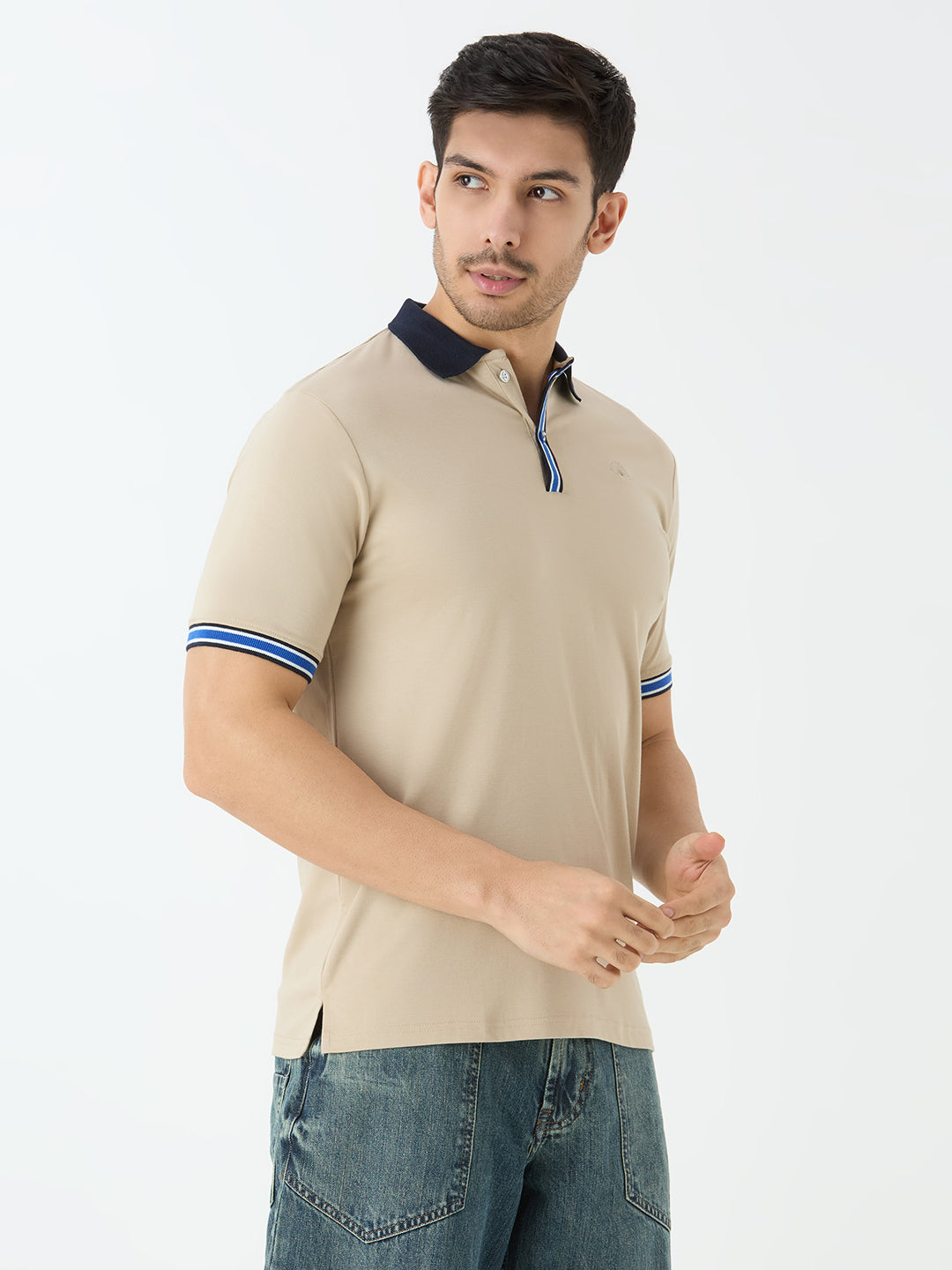Men's Half Sleeve Polo with Contrast Collar in Beige
