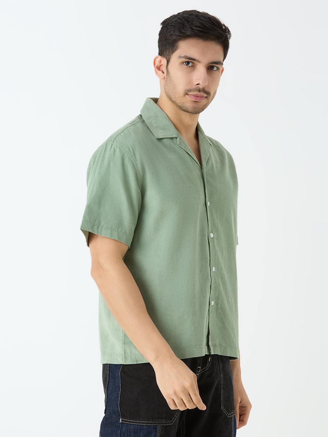 Men's Half Sleeve Cuban Collar Shirt in Pista Green