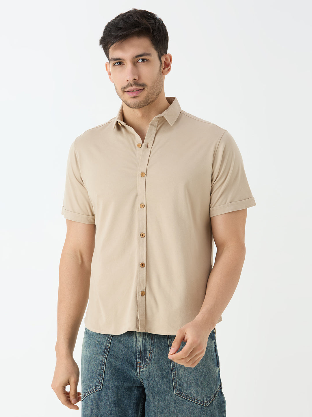 Men's Half Sleeve Cuban Collar Shirt in Beige