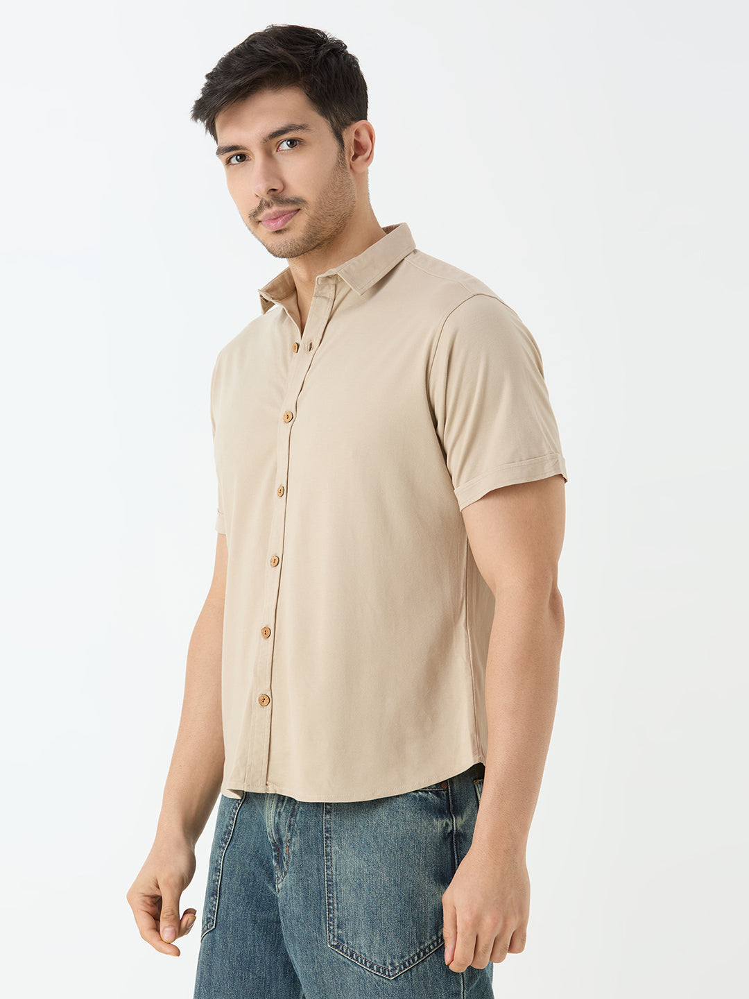Men's Half Sleeve Cuban Collar Shirt in Beige