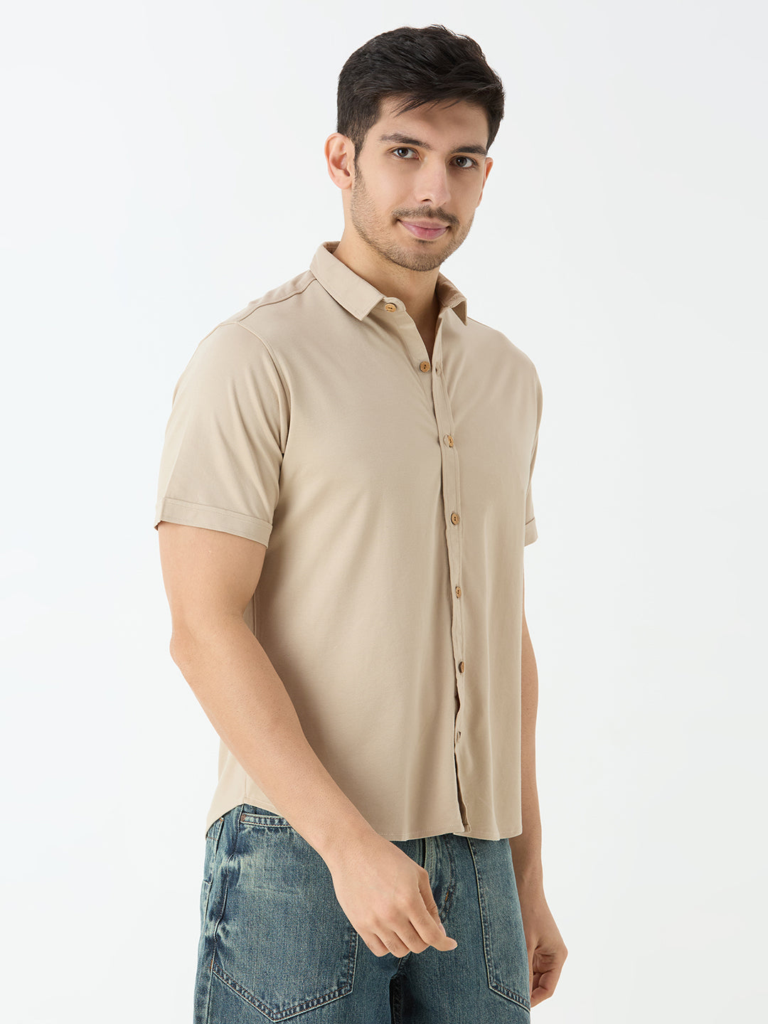 Men's Half Sleeve Cuban Collar Shirt in Beige