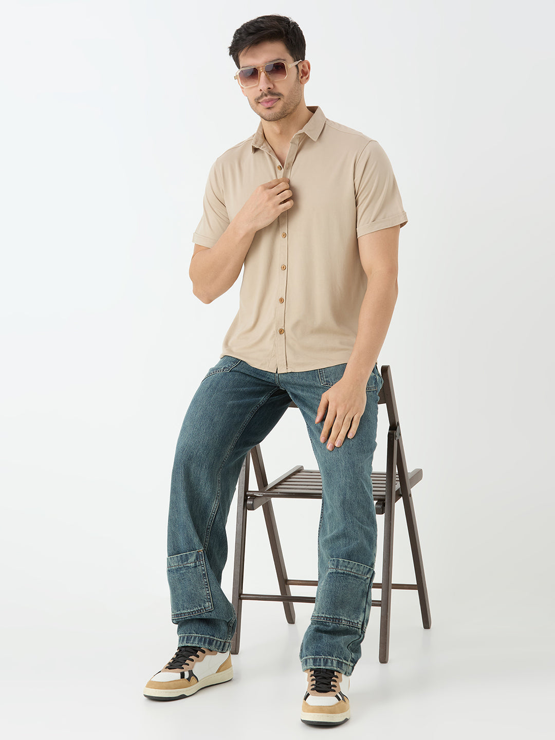 Men's Half Sleeve Cuban Collar Shirt in Beige