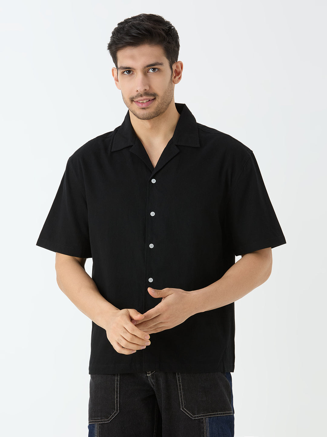 Men's Half Sleeve Cuban Collar Shirt in Black
